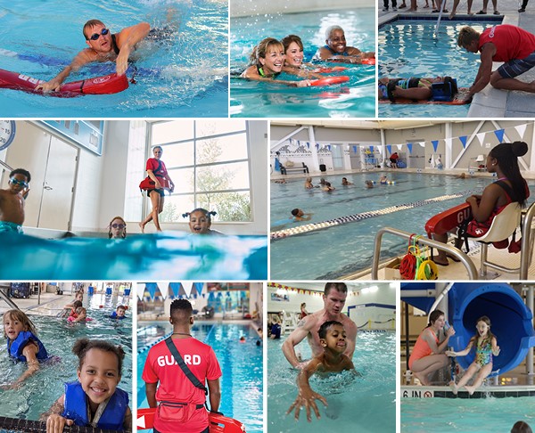 A collage of pictures of Y lifeguards, kids playing in the pool, kids learning to swim and groups of people enjoying the water.